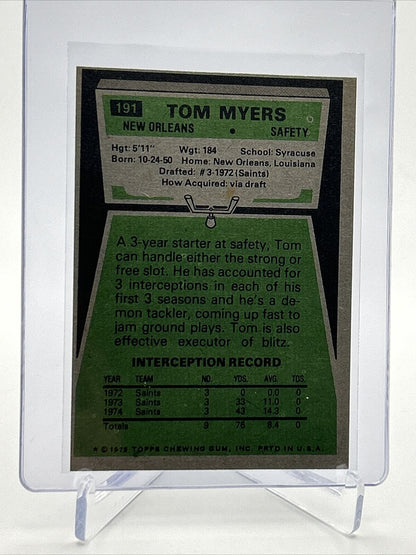 1975 Topps Tom Myers Football Card #191 EX-MT Quality FREE SHIPPING