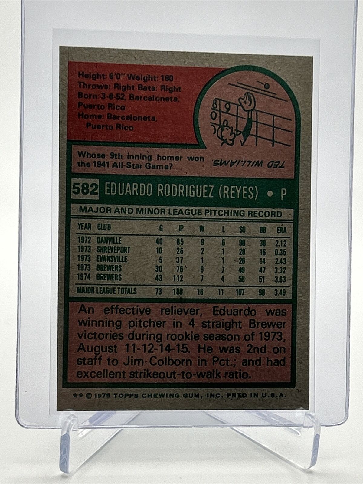 1975 Topps Eduardo Rodriguez Baseball Card #582 NM Quality FREE SHIPPING