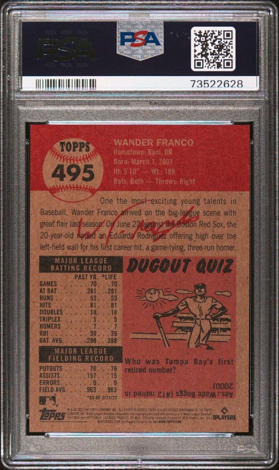 2022 Topps Living Set Wander Franco Rookie Baseball Card #495 PSA 10 Gem Mint