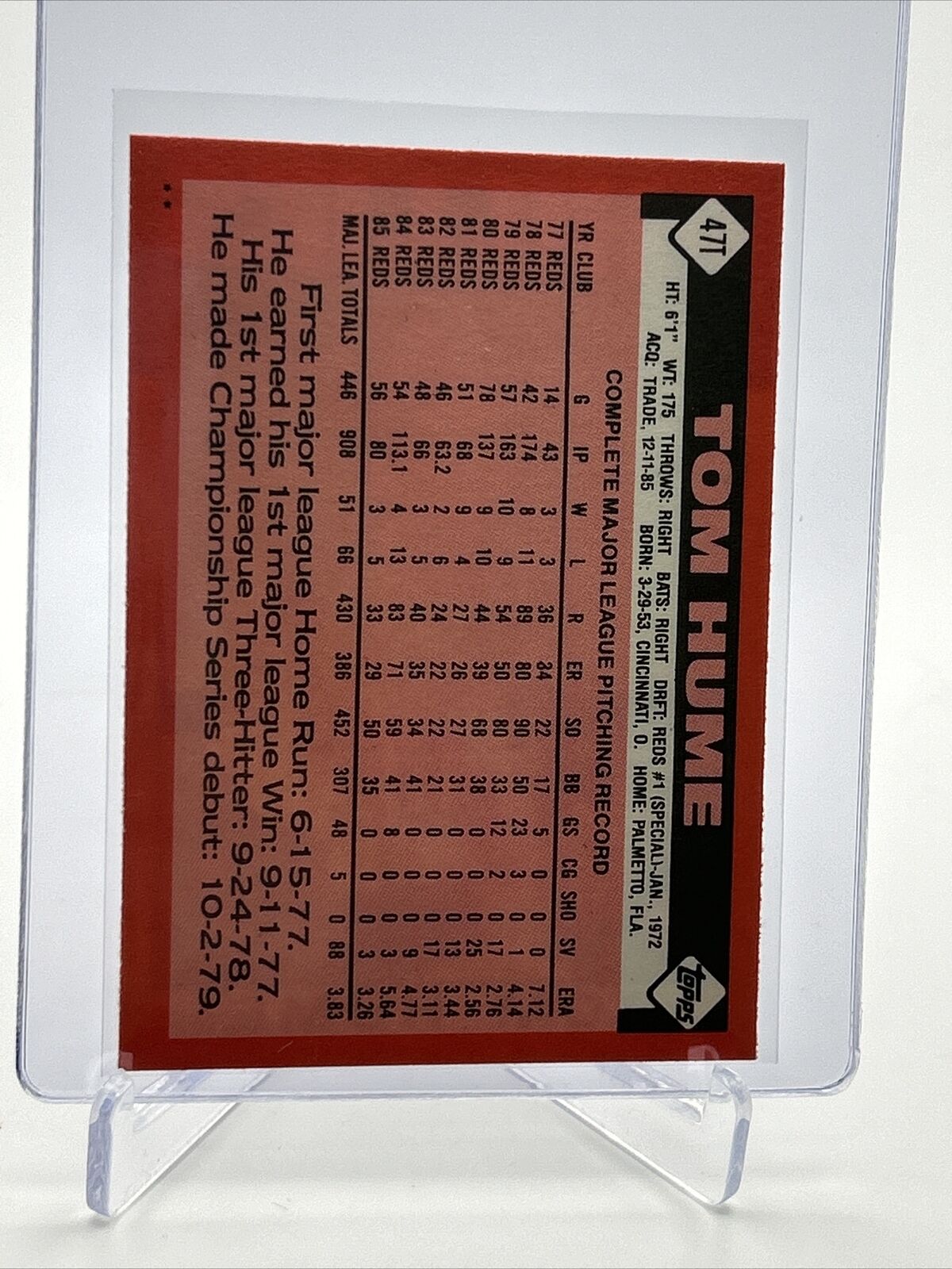 1986 Topps Traded Tom Hume Baseball Card #47T NM-MT FREE SHIPPING