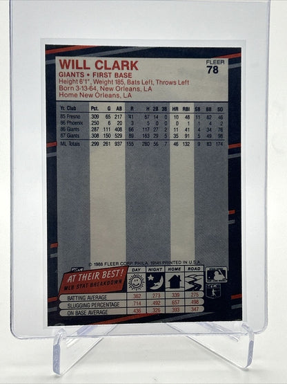 1988 Fleer Will Clark Baseball Card #78 Mint FREE SHIPPING