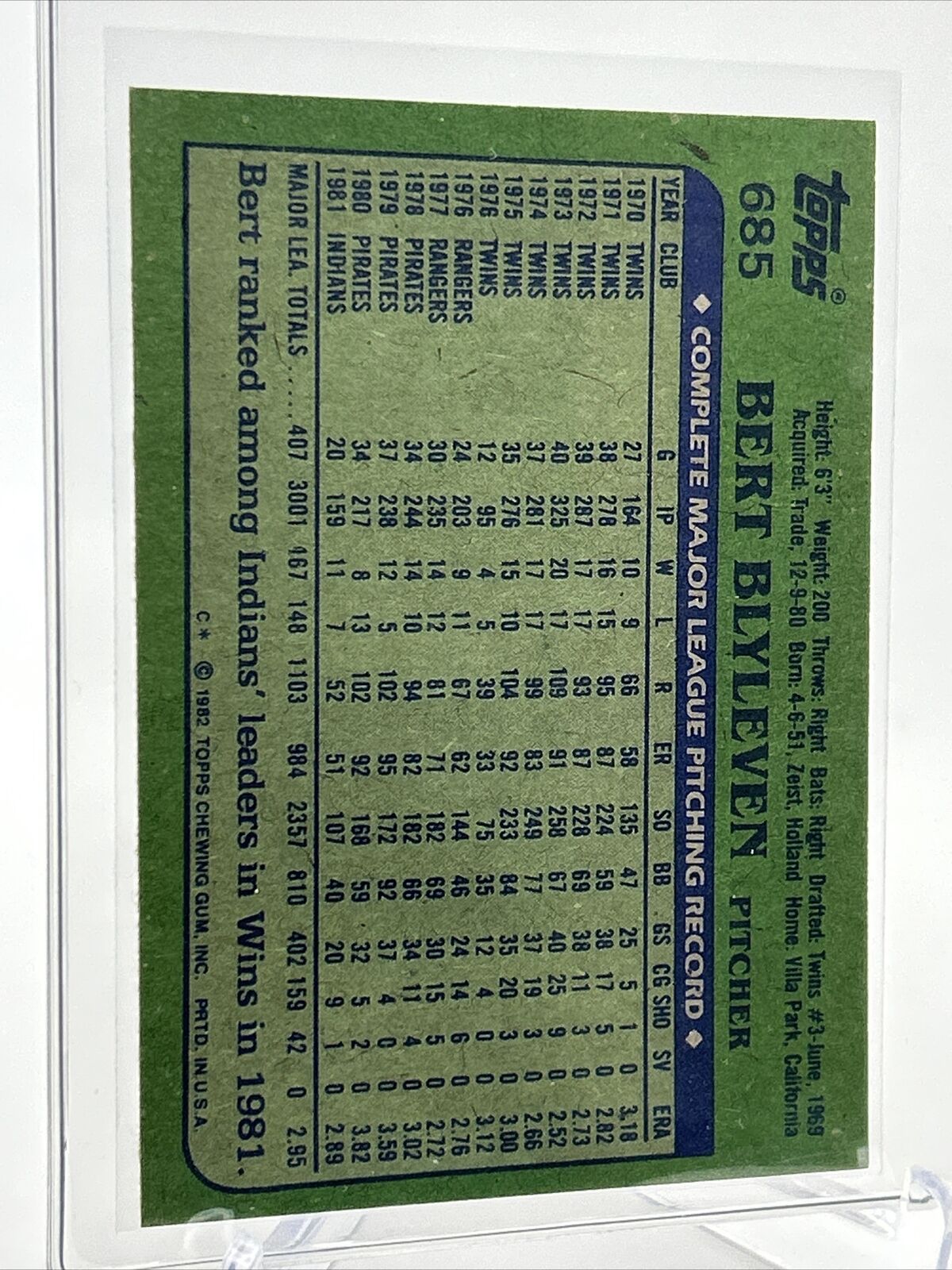 1982 Topps Bert Blyleven Baseball Card #685 NM-Mint FREE SHIPPING