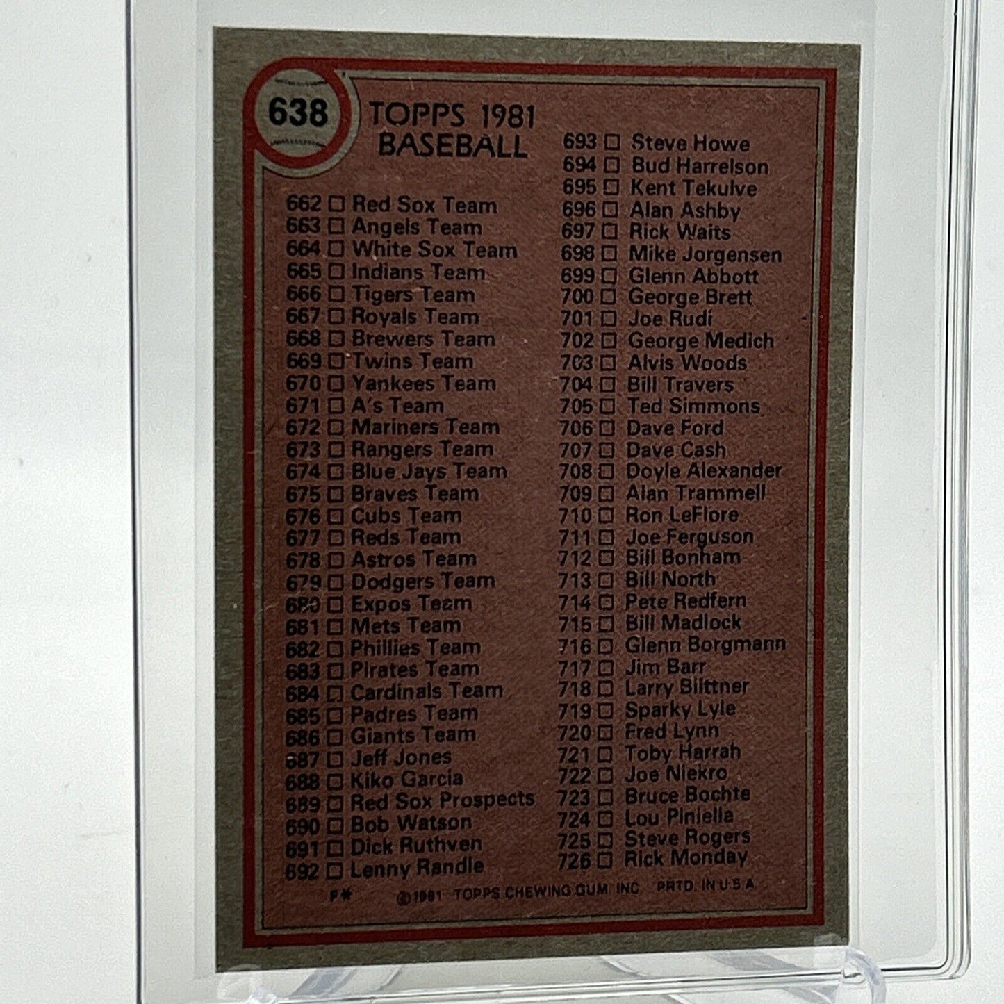 1981 Topps Checklist: 606-726 Baseball Card #638 NM-Mint FREE SHIPPING