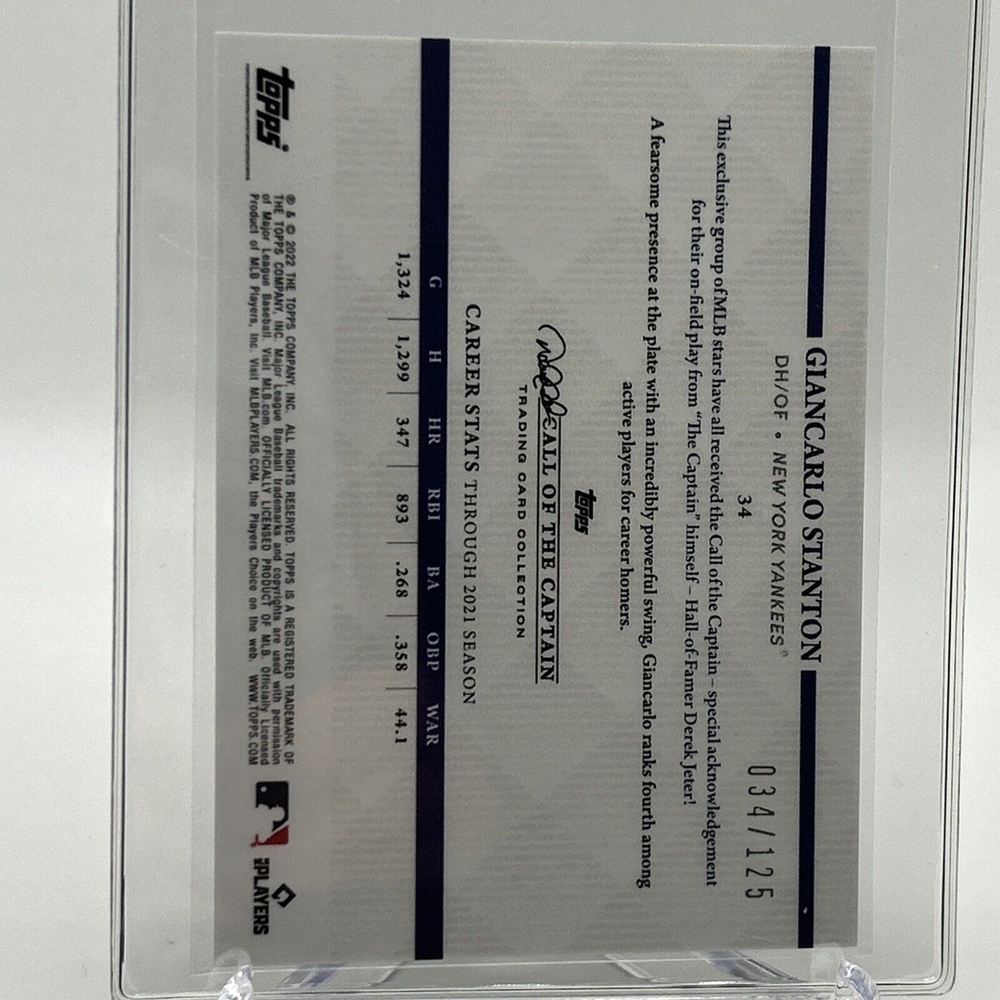 2022 Topps x Derek Jeter Giancarlo Stanton 34/125 Baseball Card 34 FREE SHIPPING