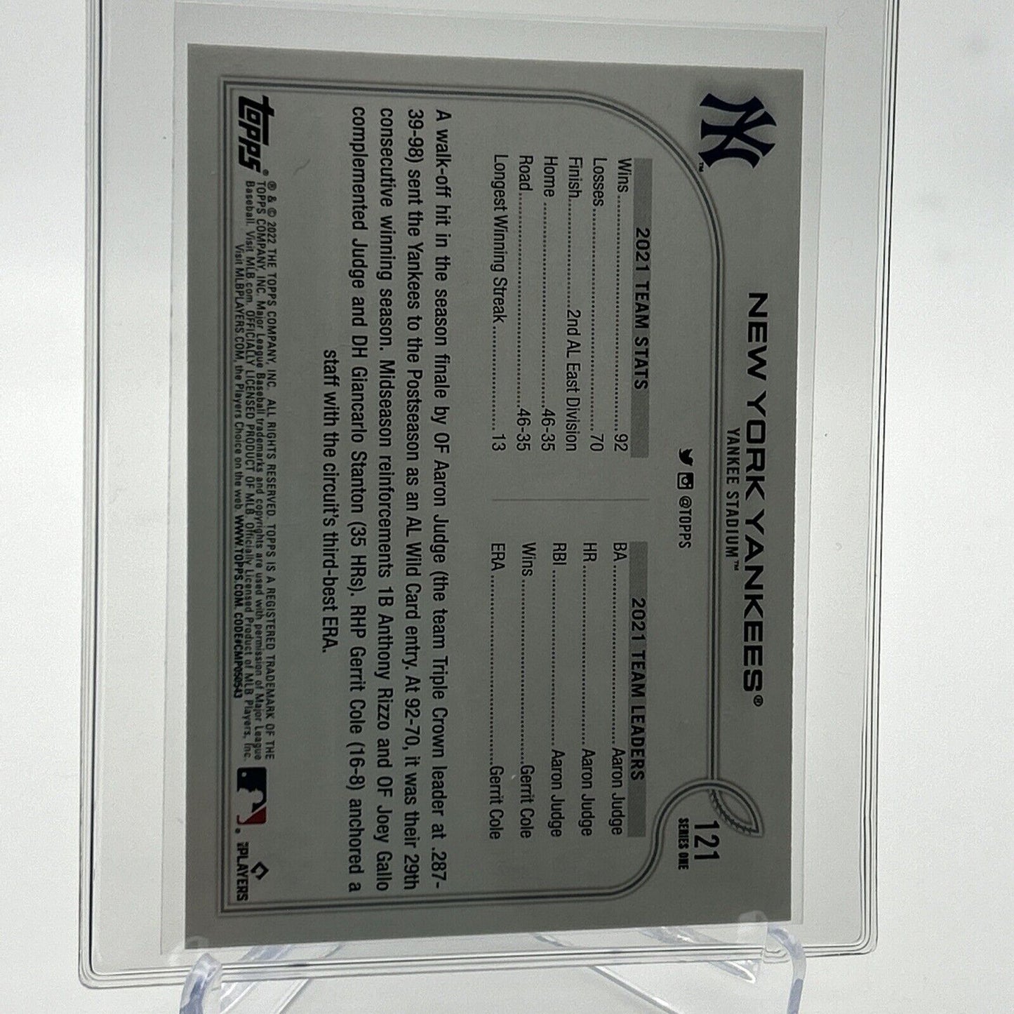 2022 Topps New York Yankees Baseball Card #121 Mint FREE SHIPPING