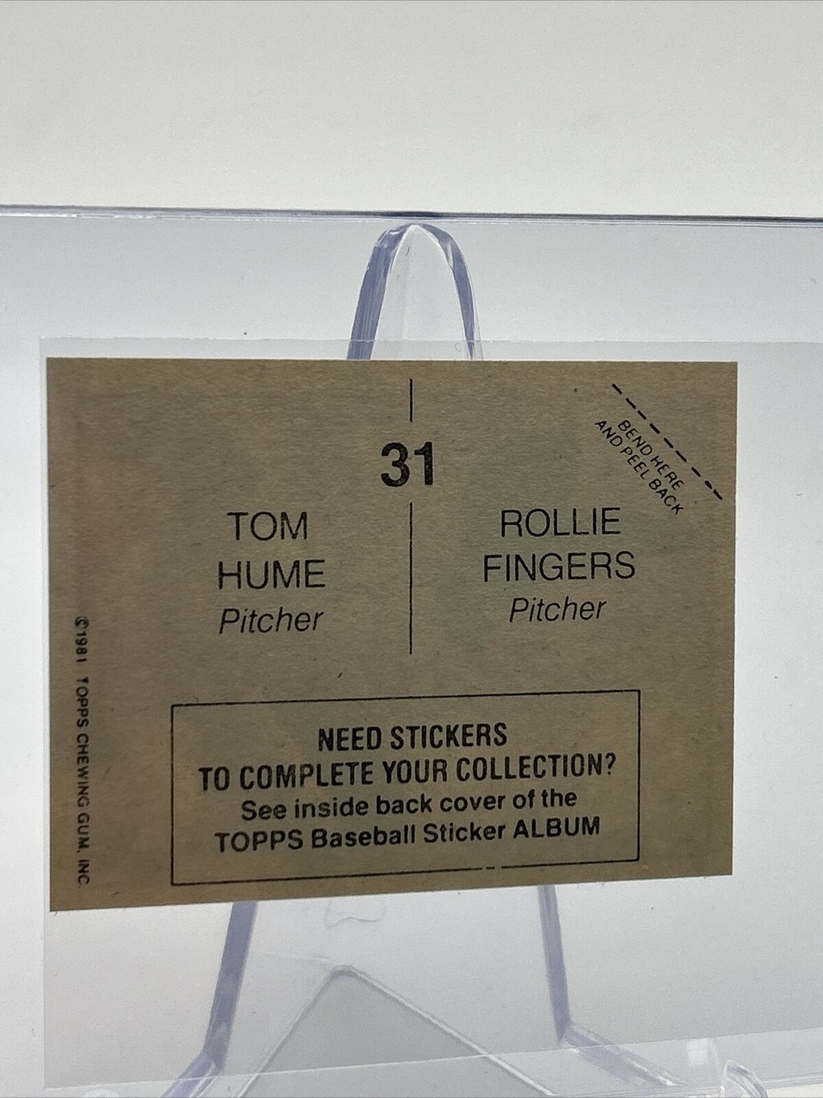 1981 Topps Stickers Rollie Fingers/Tom Hume Card #31 NM-Mint FREE SHIPPING