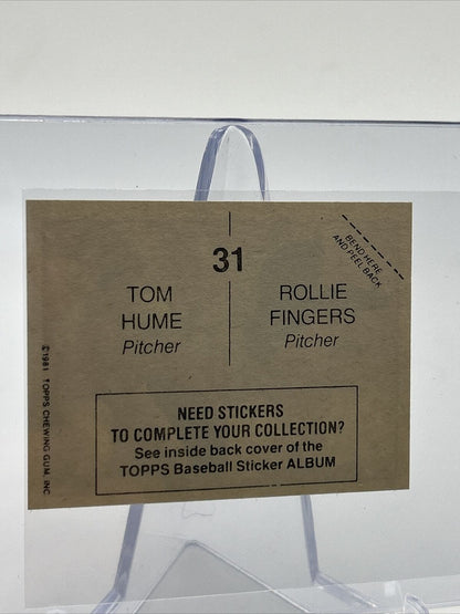 1981 Topps Stickers Rollie Fingers/Tom Hume Card #31 NM-Mint FREE SHIPPING