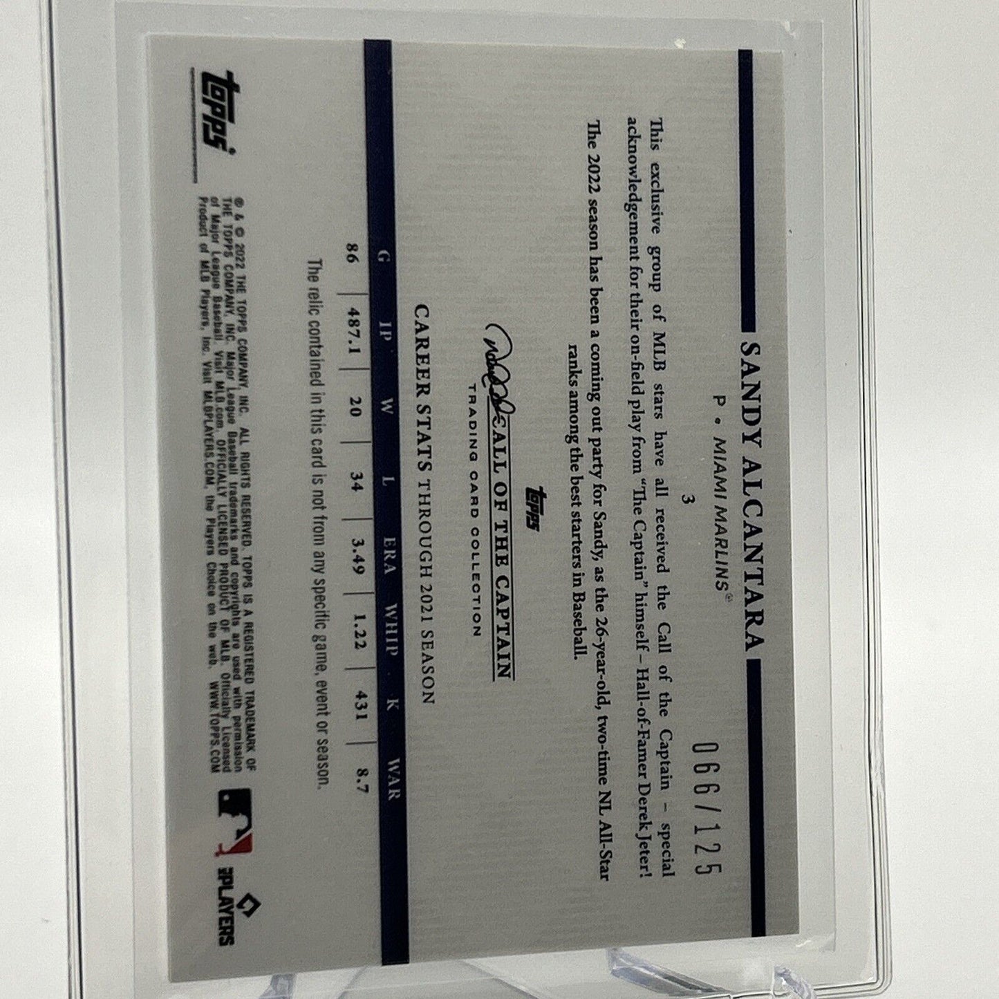 2022 Topps x Derek Jeter Call of the Captain Sandy Alcantara Jersey 66/125 #3