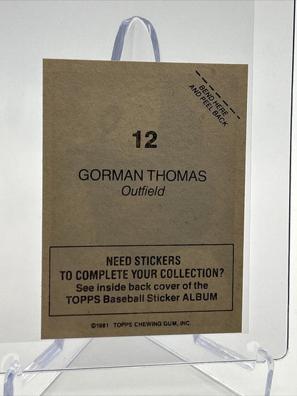 1981 Topps Stickers Gorman Thomas Baseball Card #12 NM-Mint FREE SHIPPING