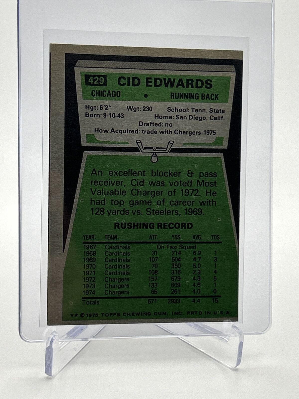 1975 Topps Cid Edwards Football Card #429 NM Quality FREE SHIPPING