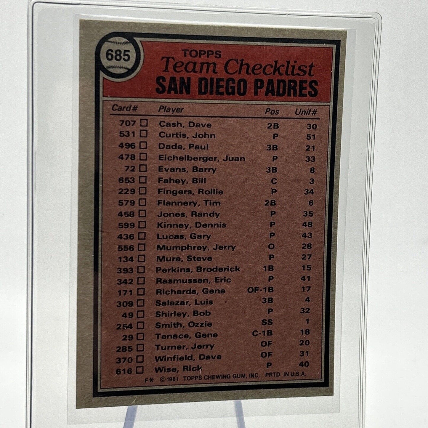 1981 Topps San Diego Padres Baseball Checklist Card #685 NM-Mint FREE SHIPPING