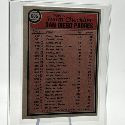 1981 Topps San Diego Padres Baseball Checklist Card #685 NM-Mint FREE SHIPPING