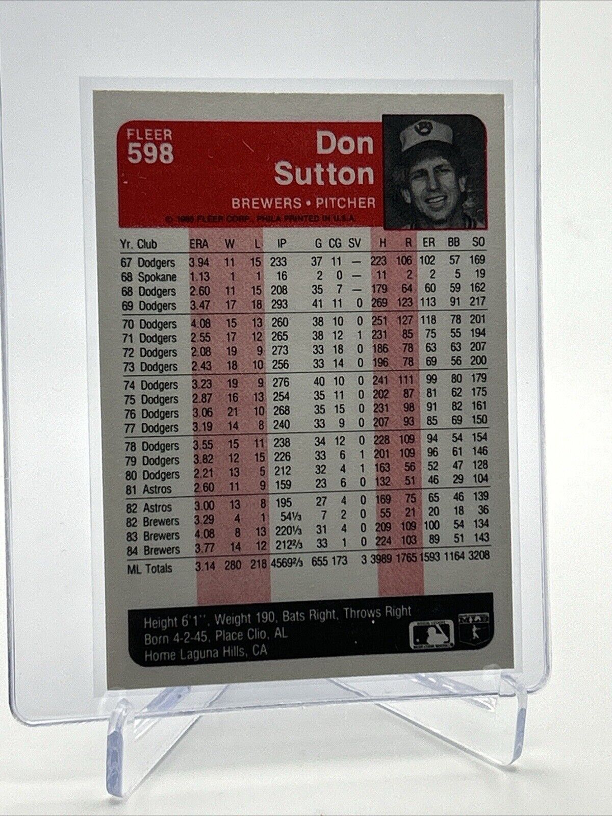1985 Fleer Don Sutton Baseball Card #598 NM-MT FREE SHIPPING
