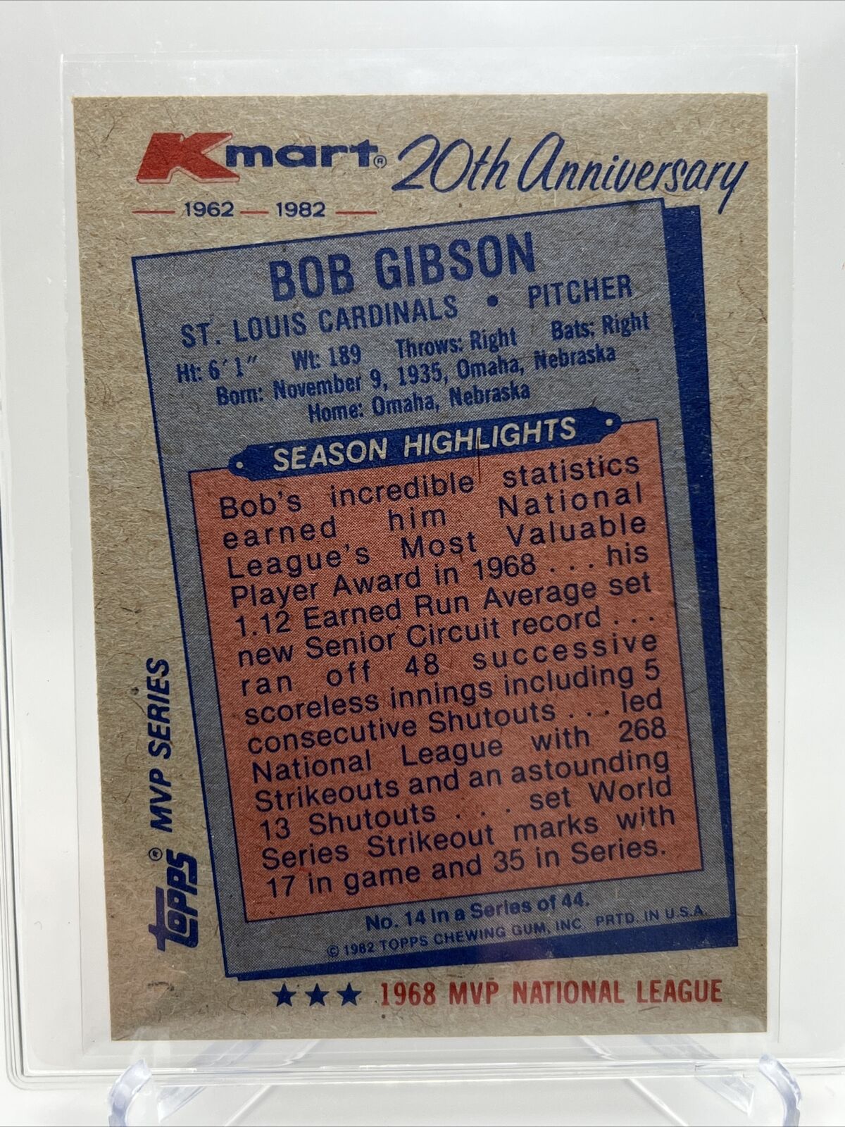 1982 Topps Kmart Bob Gibson Baseball Card #14 Mint FREE SHIPPING