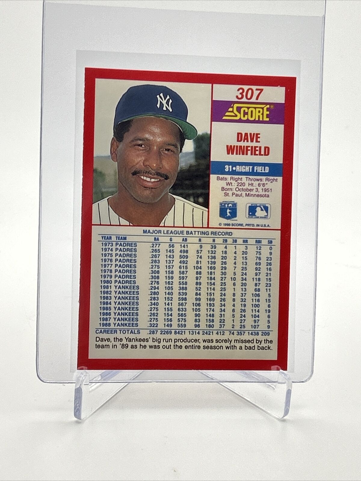 1990 Score Dave Winfield Baseball Card #307 Mint FREE SHIPPING