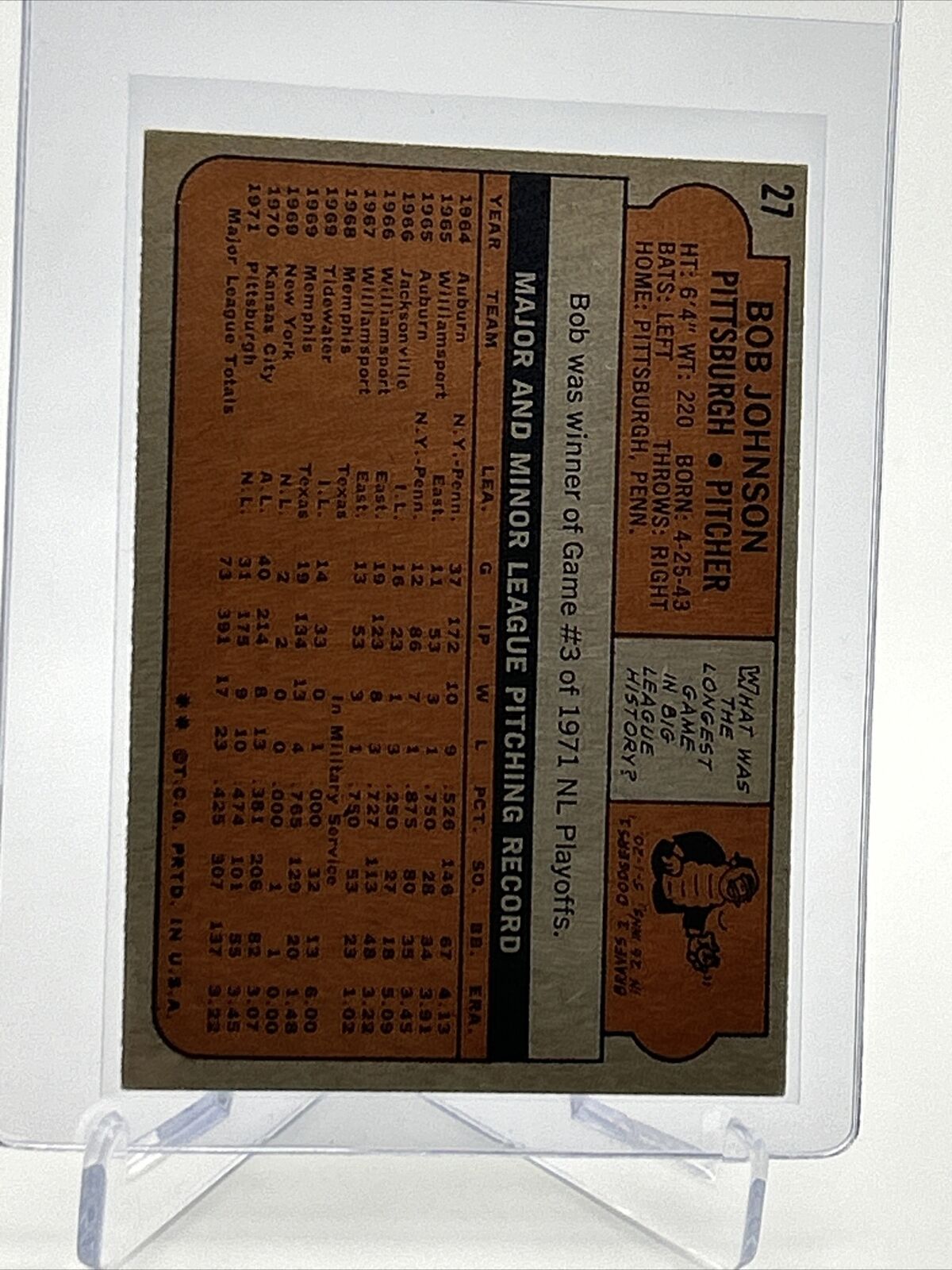 1972 Topps Bob Johnson Baseball Card #27 VG-EX Quality FREE SHIPPING