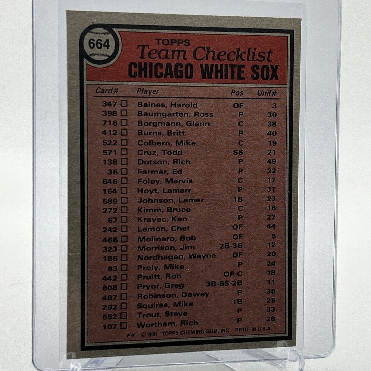 1981 Topps Chicago White Sox Checklist Baseball Card #664 NM-Mint FREE SHIPPING