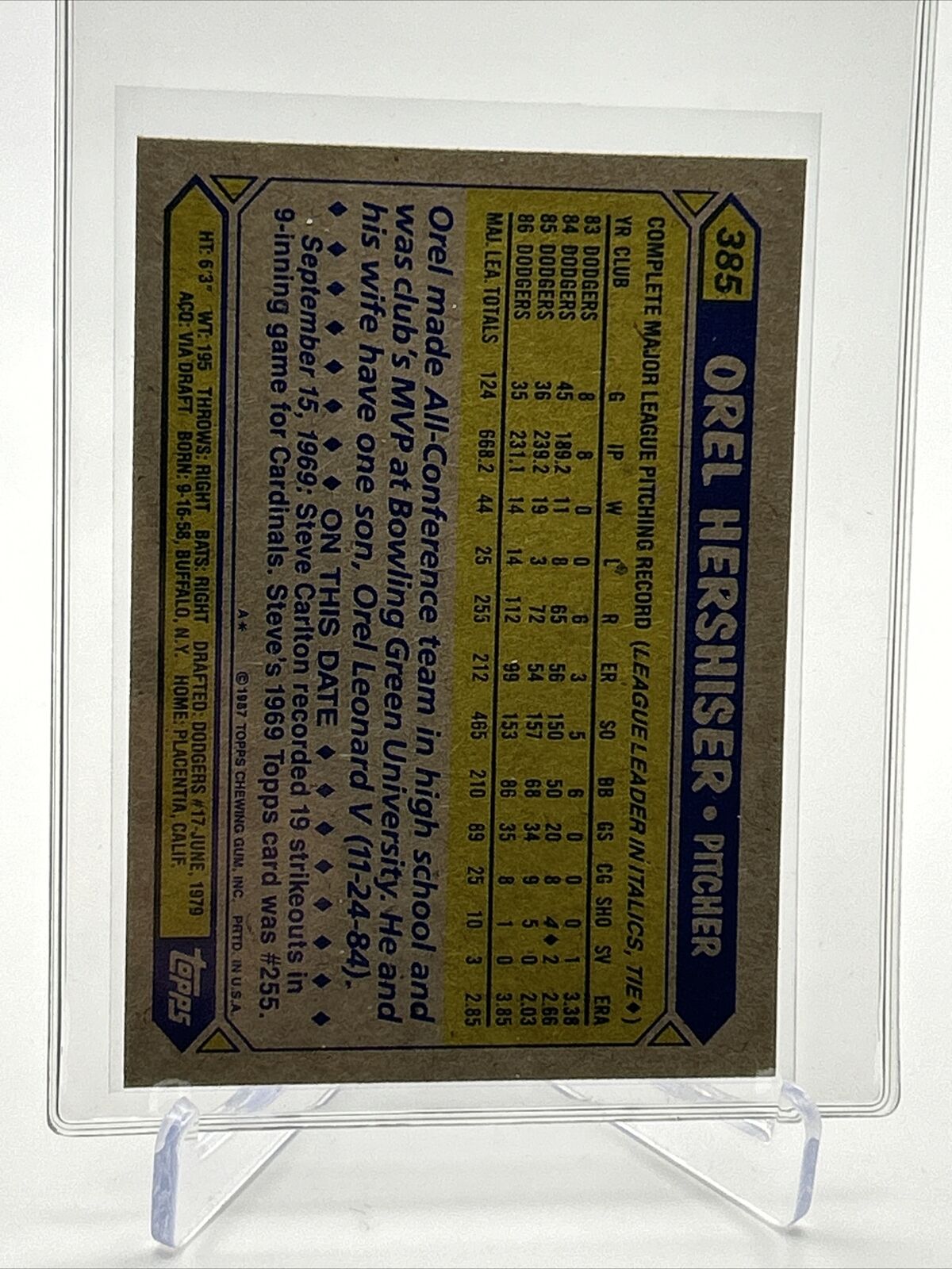 1987 Topps Orel Hershiser Baseball Card #385 Mint FREE SHIPPING