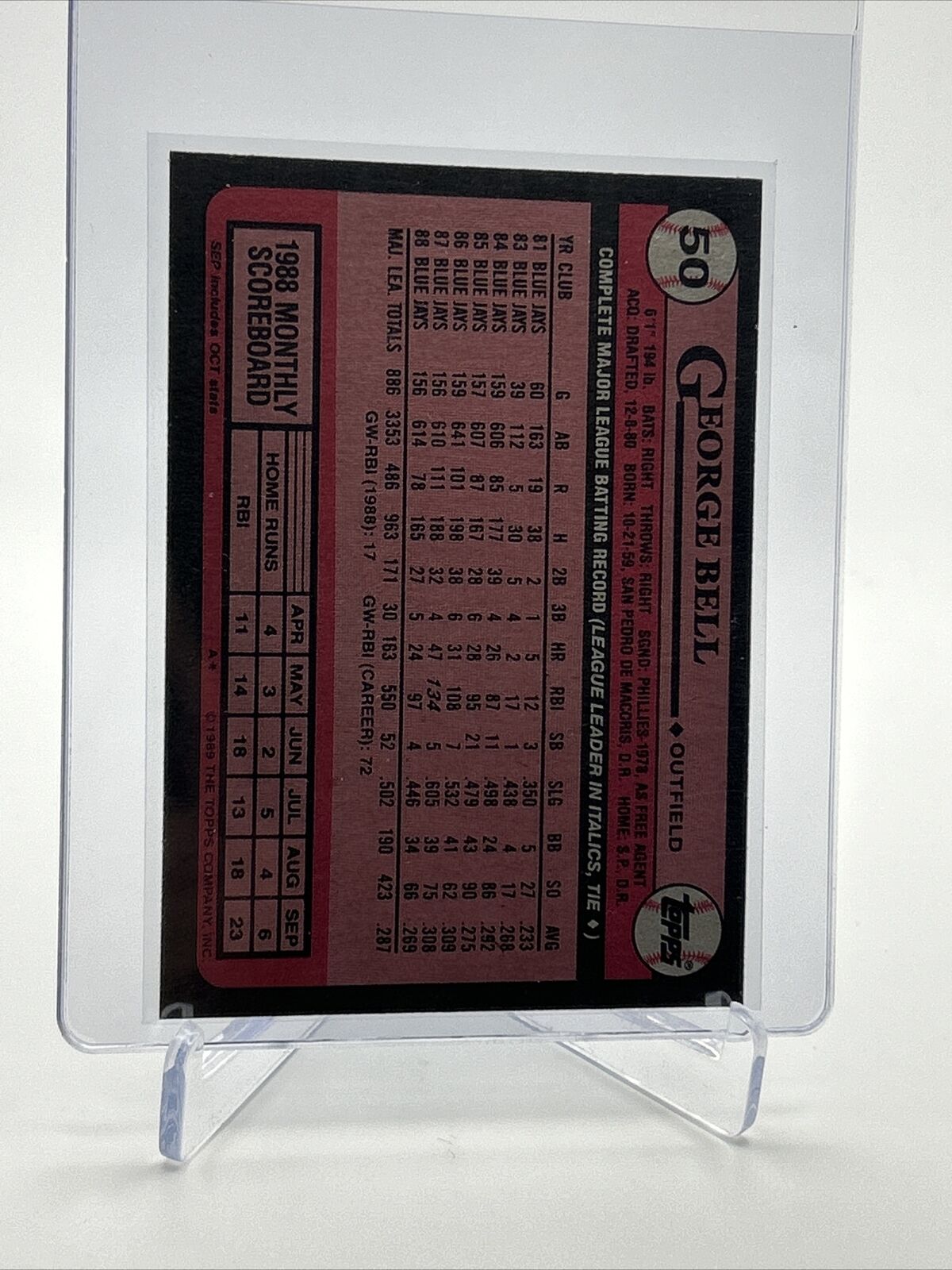 1989 Topps George Bell Baseball Card #50 Mint FREE SHIPPING