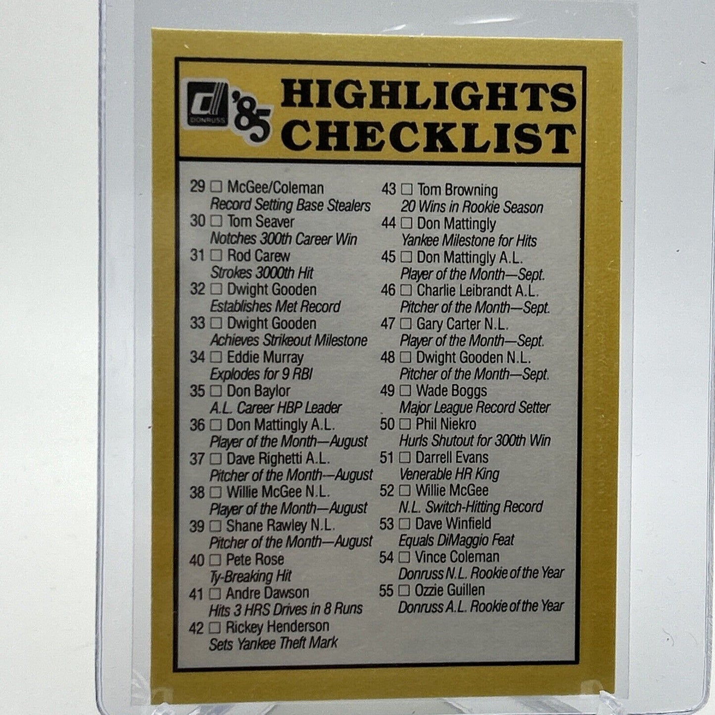1985 Donruss Highlights Checklist Baseball Card NM-MT FREE SHIPPING