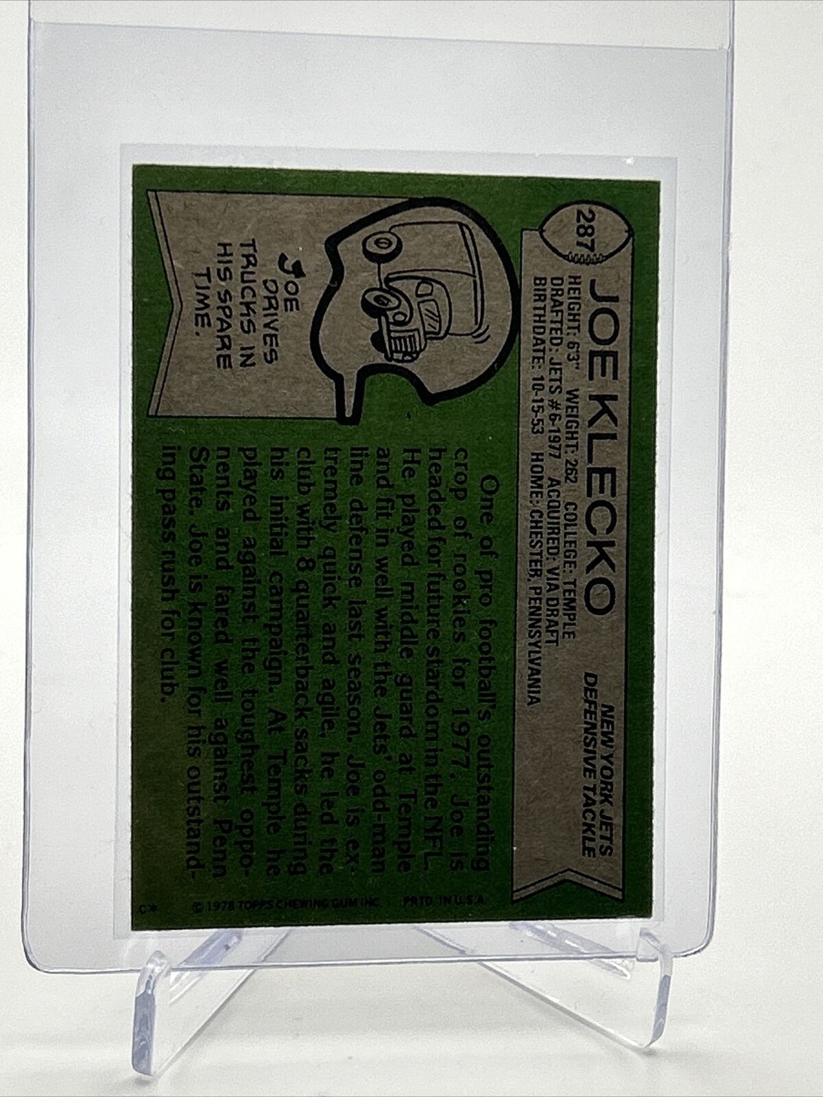 1978 Topps Joe Klecko Rookie Football Card #287 EX-MT Quality FREE SHIPPING