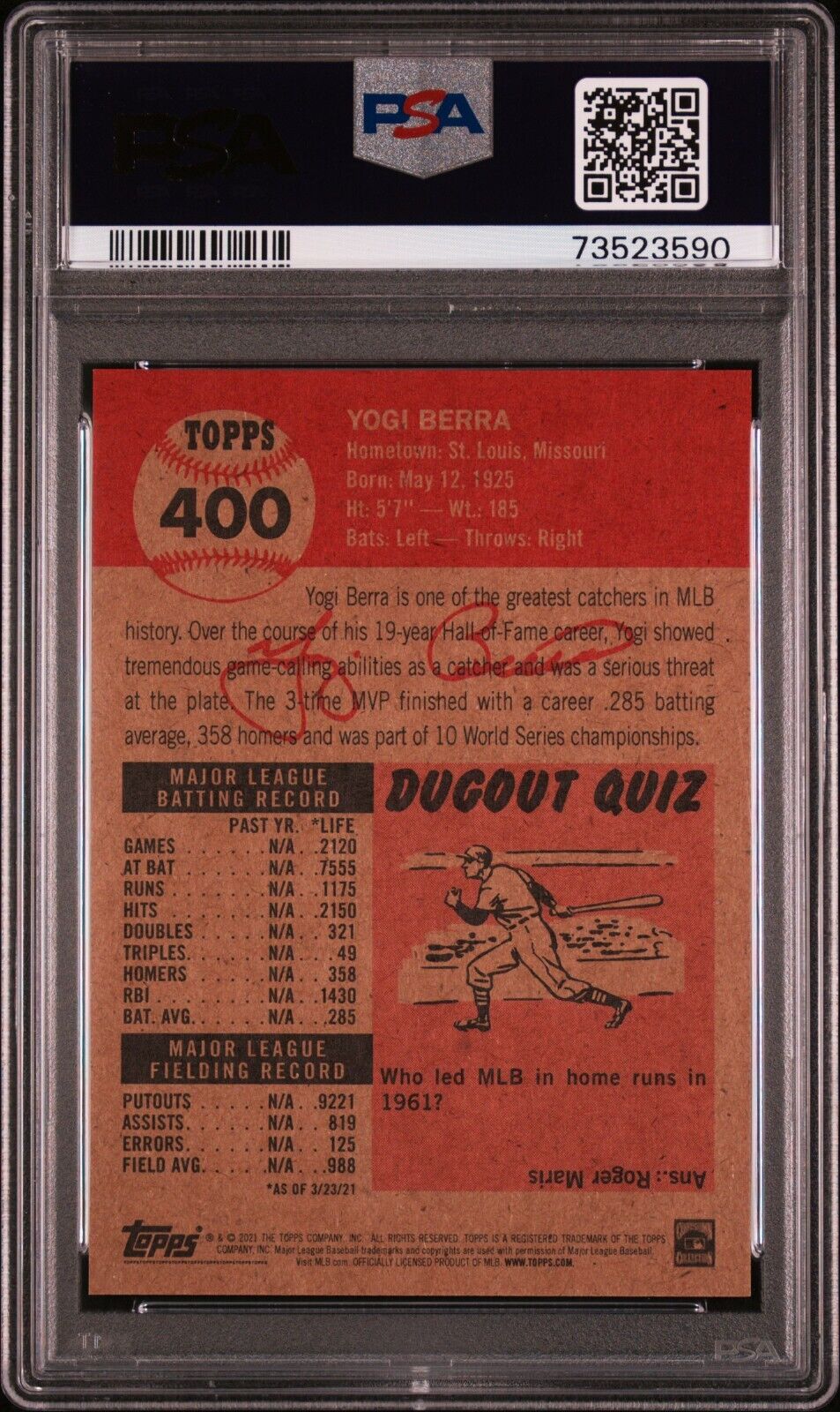 2021 Topps Living Set Yogi Berra Baseball Card #400 PSA 9 Mint