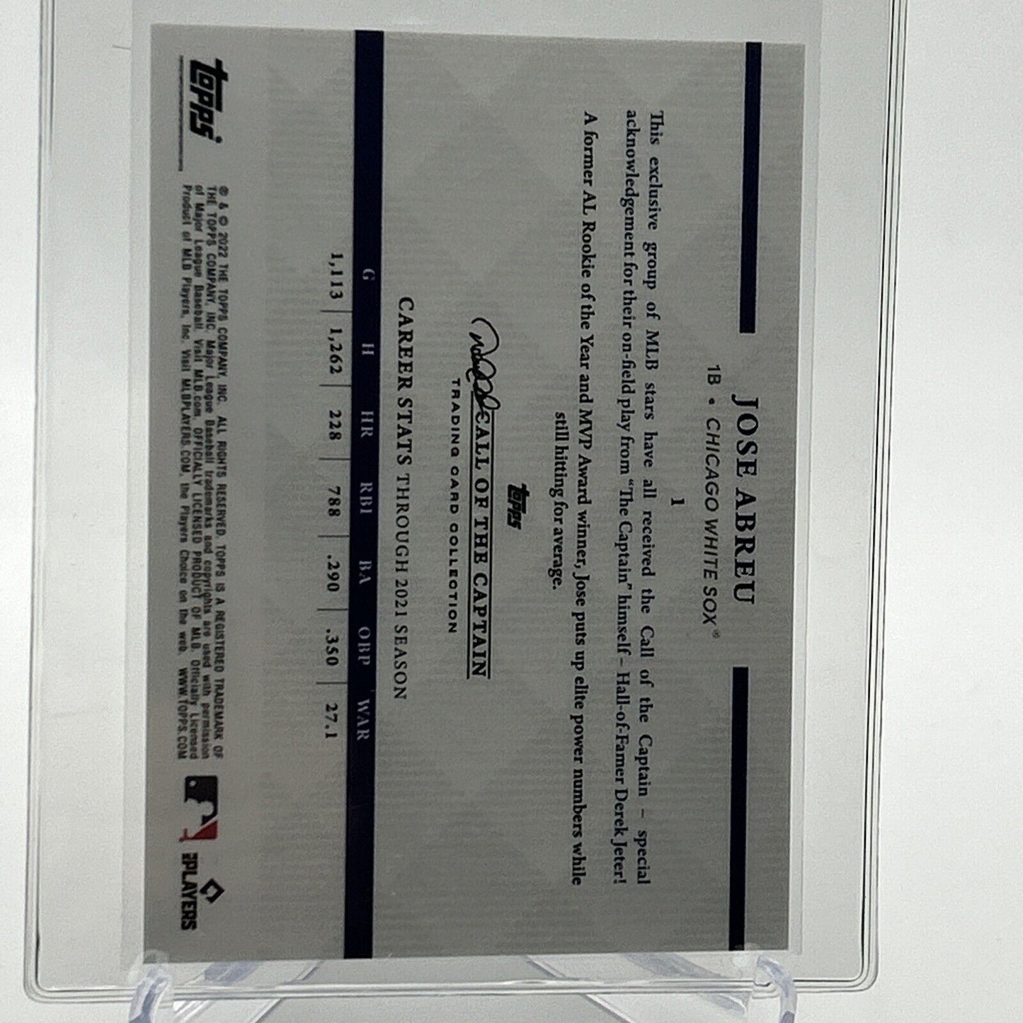 2022 Topps x Derek Jeter Jose Abreu Baseball Card #1 Mint FREE SHIPPING