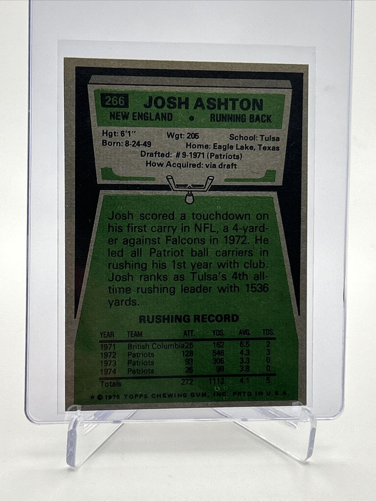 1975 Topps Josh Ashton Football Card #266 NM Quality FREE SHIPPING