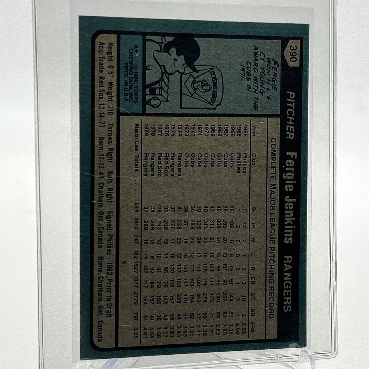 1980 Topps Fergie Jenkins Baseball Card #390 NM-Mint FREE SHIPPING