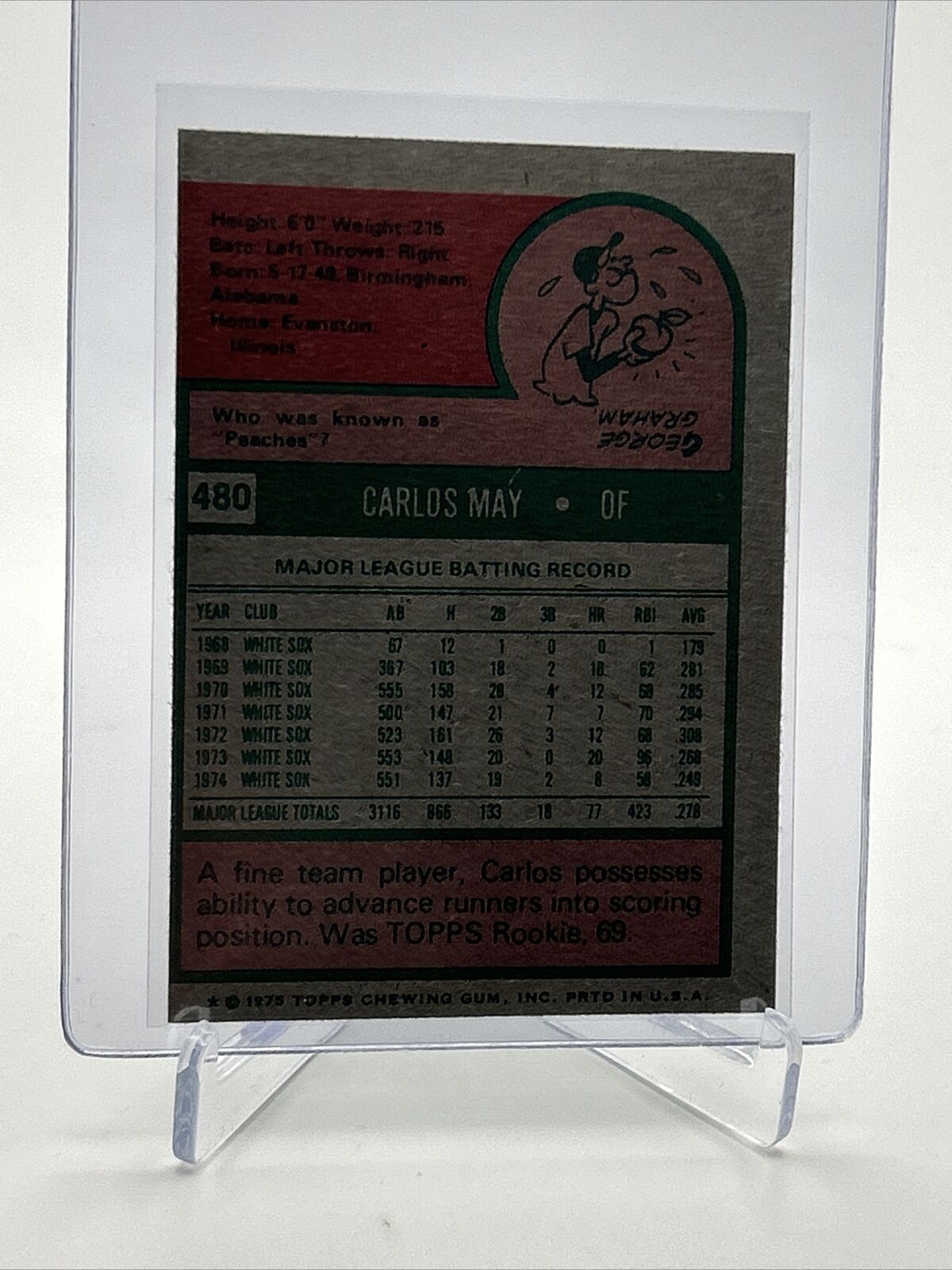 1975 Topps Carlos May Baseball Card #480 NM Quality FREE SHIPPING