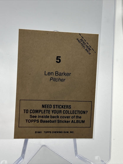 1981 Topps Stickers Len Barker Baseball Card #5 NM-Mint FREE SHIPPING