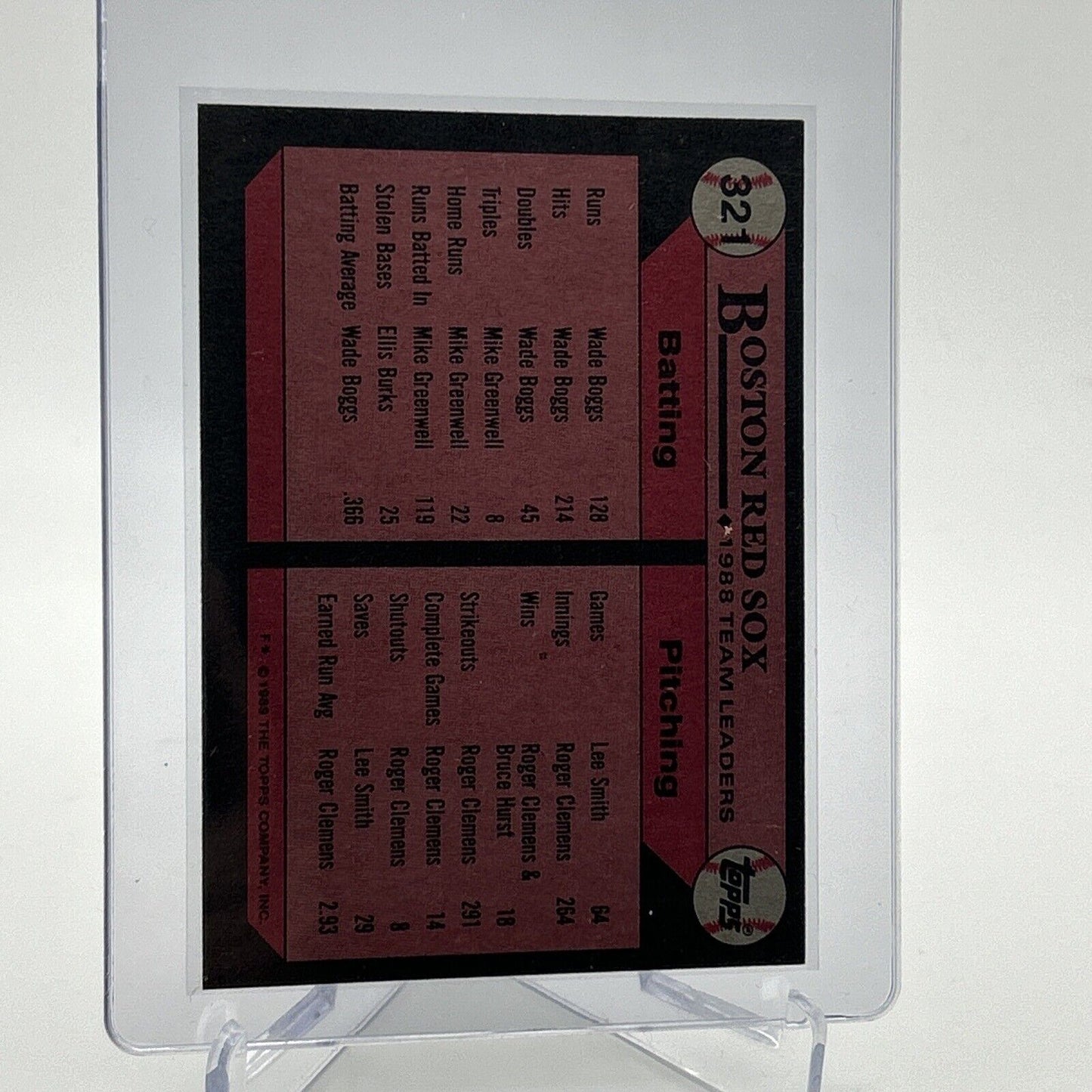 1989 Topps Red Sox Leaders Baseball Card #321 Mint FREE SHIPPING