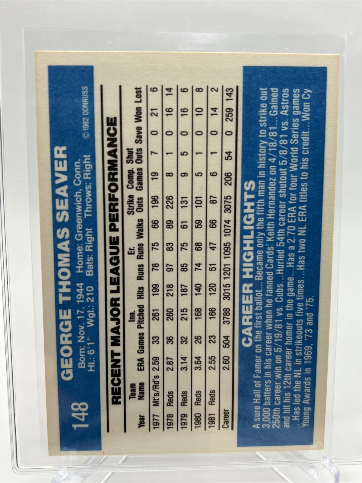1982 Donruss Tom Seaver Baseball Card #148 NM-MT FREE SHIPPING