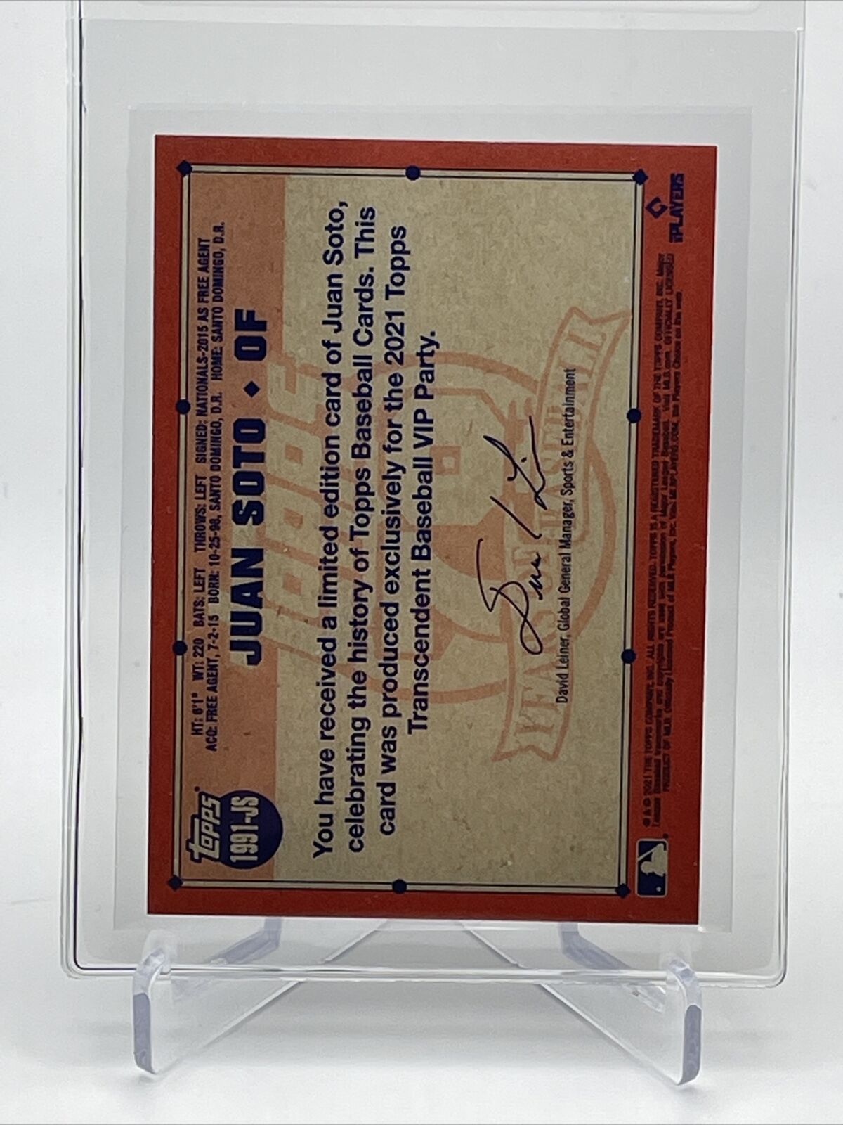 2021 Topps Transcendent Juan Soto Baseball Card #1991-JS 23/95 1991 Topps