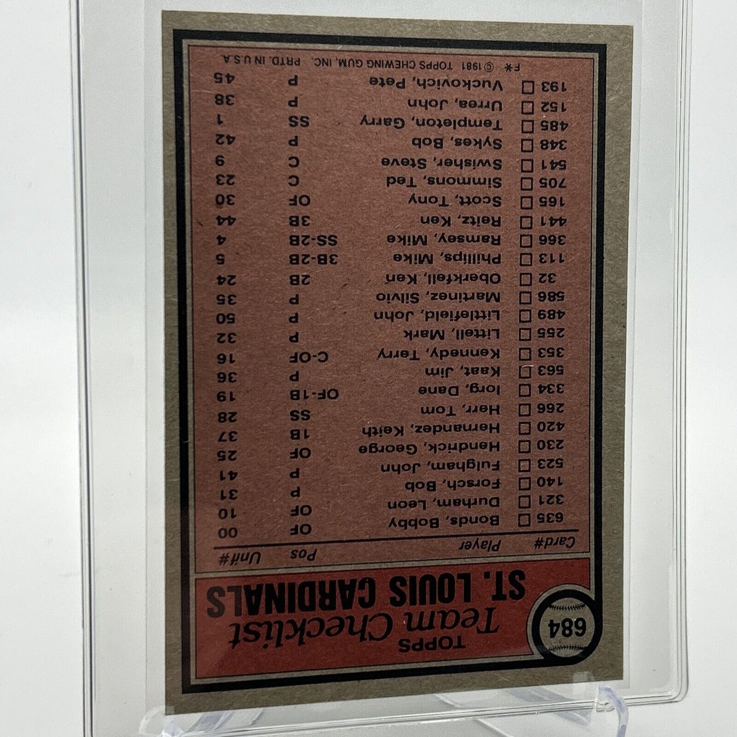 1981 Topps St. Louis Cardinals Checklist Card #684 NM-Mint FREE SHIPPING