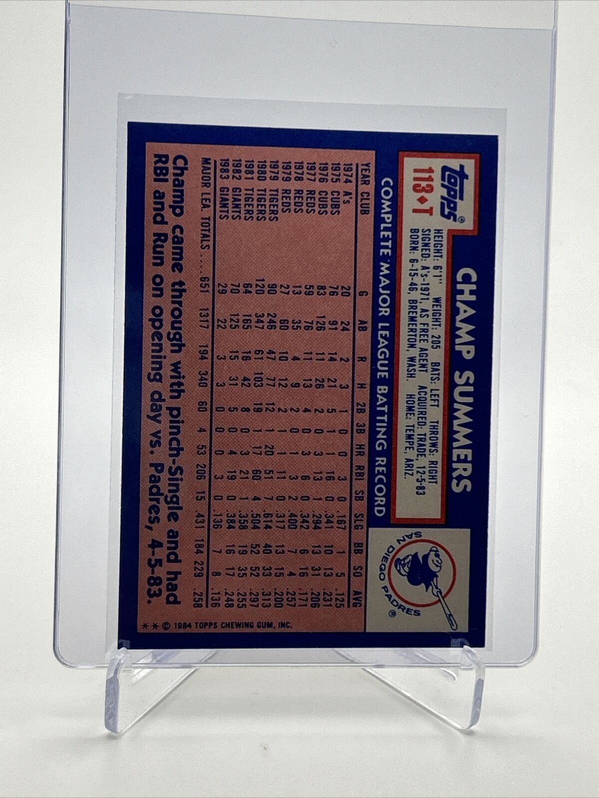 1984 Topps Traded TIFFANY Champ Summers Card #113T NM-MT FREE SHIPPING