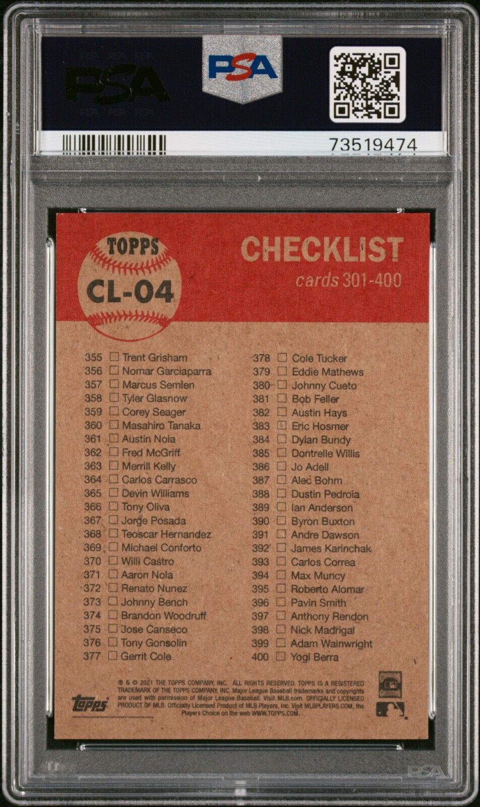 2021 Topps Living Set Checklist 301-400 Baseball Card #CL-04 PSA 9 Mint