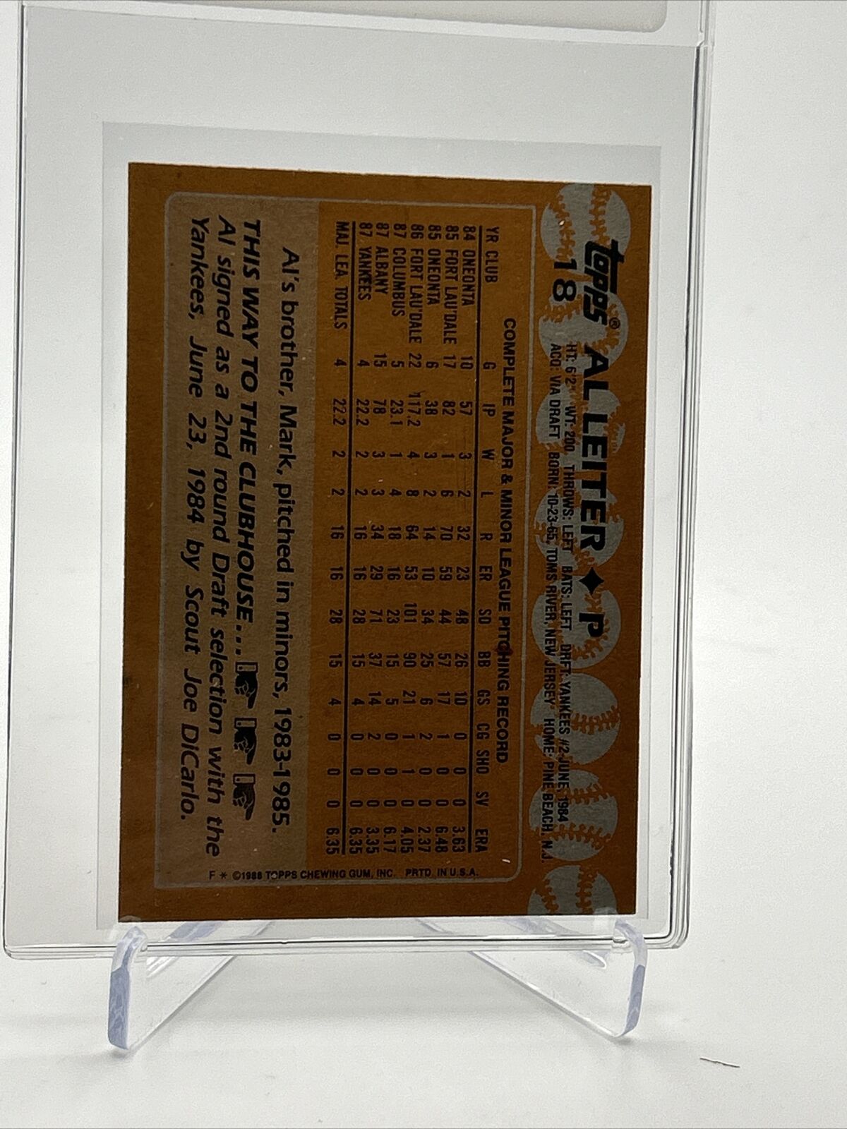 1988 Topps Al Leiter Rookie Baseball Card #18 Mint FREE SHIPPING