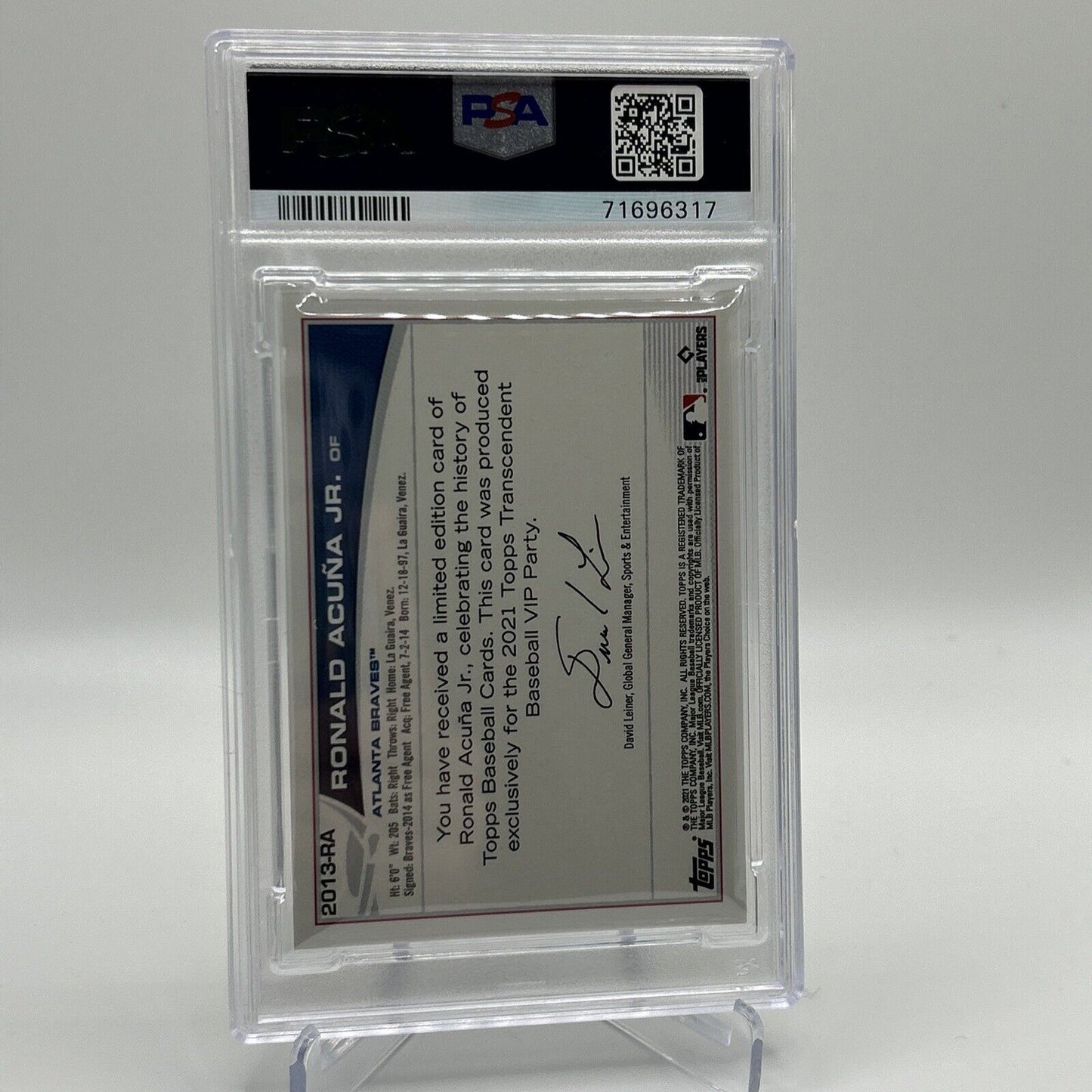 2022 Topps Transcendent VIP Party Ronald Acuna Jr. Card #2013 PSA 10 35/95