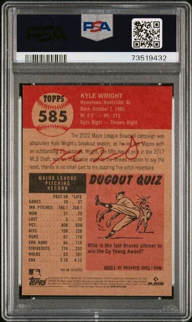 2023 Topps Living Set Kyle Wright Baseball Card #585 PSA 9 Mint