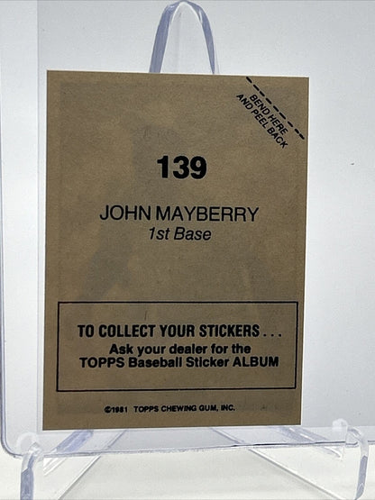 1981 Topps Stickers John Mayberry Baseball Card #139 NM-Mint FREE SHIPPING