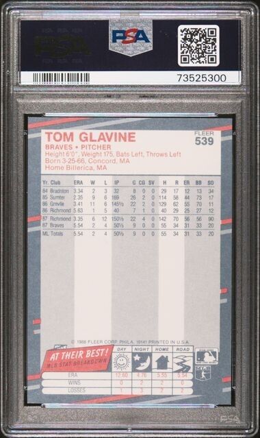 1988 Fleer GLOSSY Tom Glavine Rookie Baseball Card #539 PSA 9 Mint 73525300