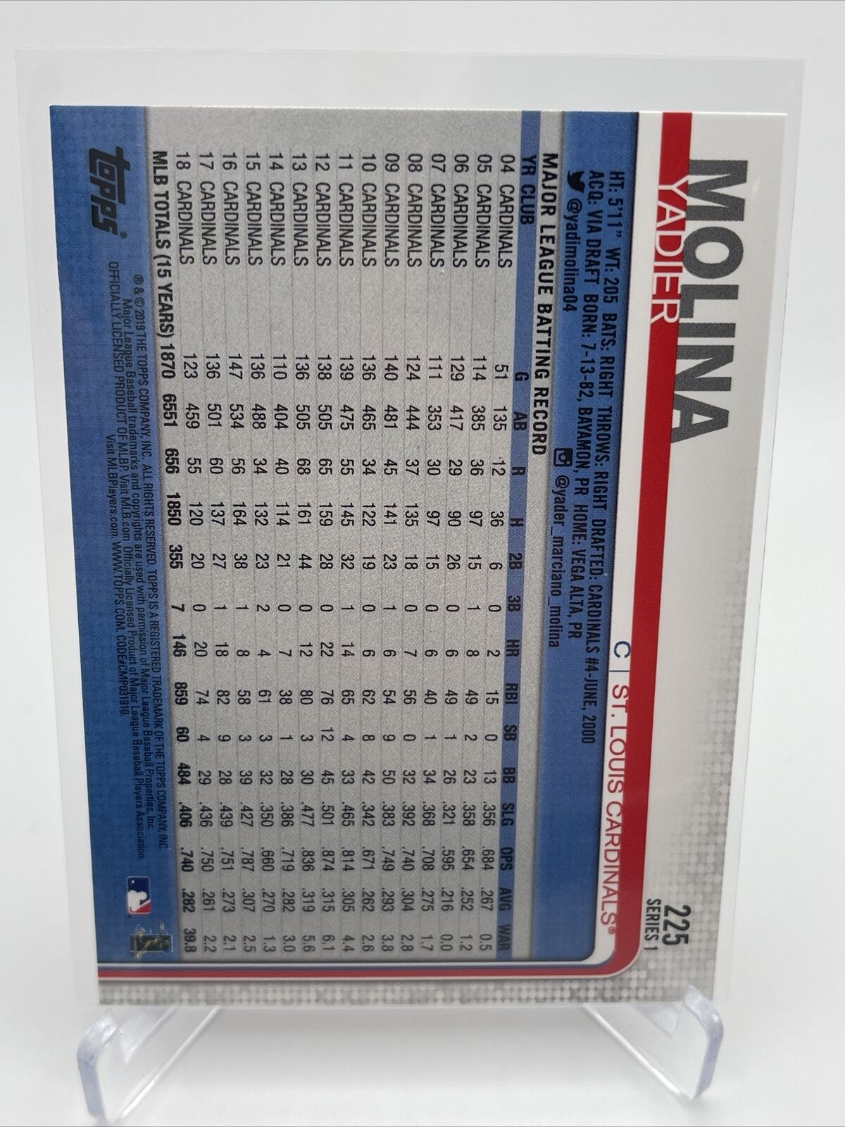 2019 Topps Yadier Molina Baseball Card #225 Mint FREE SHIPPING