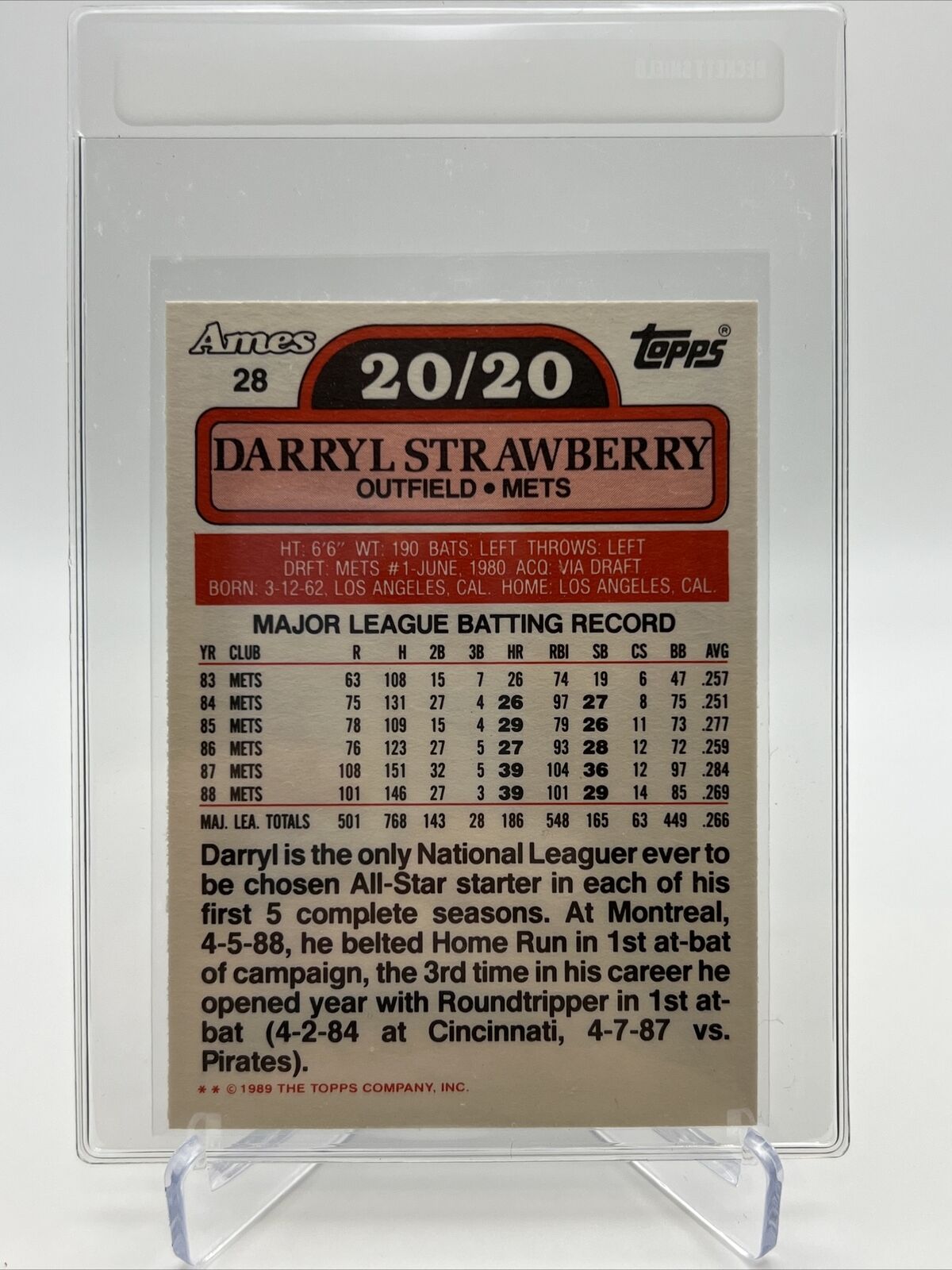 1989 Topps Ames 20/20 Club Darryl Strawberry Card #28 Mint FREE SHIPPING