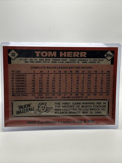1986 Topps Super Tom Herr Baseball Card #32 NM-Mint FREE SHIPPING
