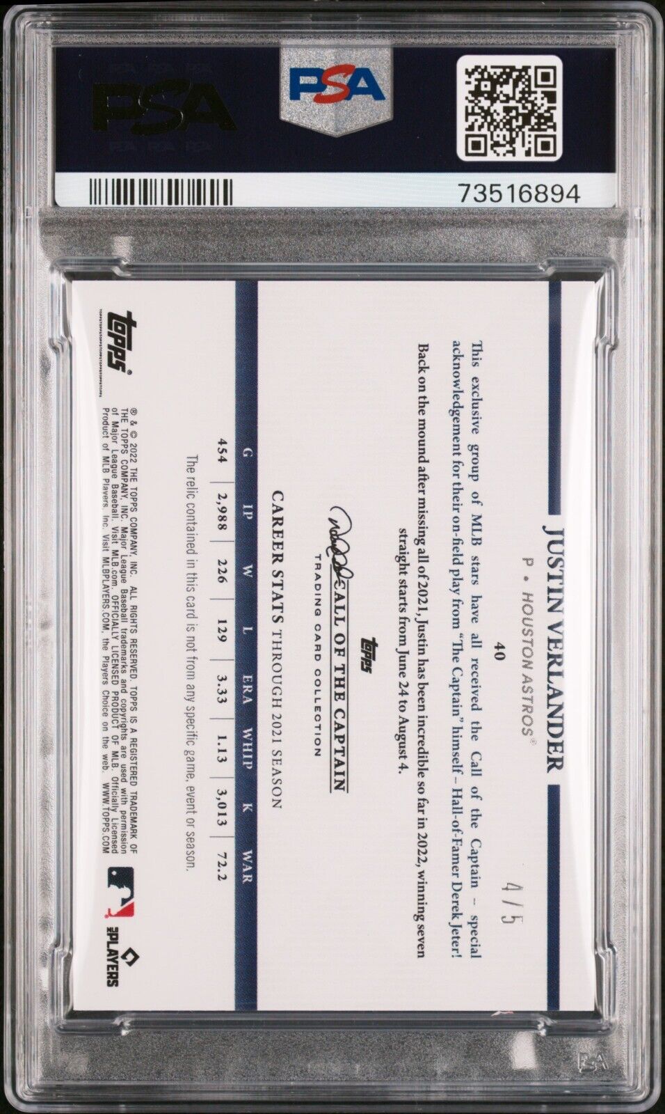2022 Topps x Derek Jeter Relics Justin Verlander ORANGE Baseball Card #40 PSA 8