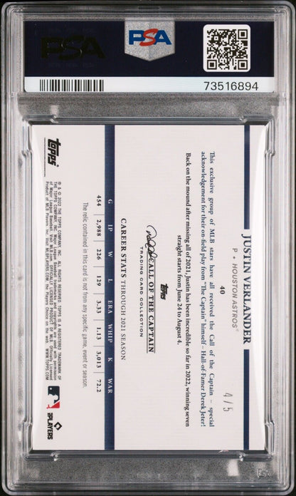 2022 Topps x Derek Jeter Relics Justin Verlander ORANGE Baseball Card #40 PSA 8
