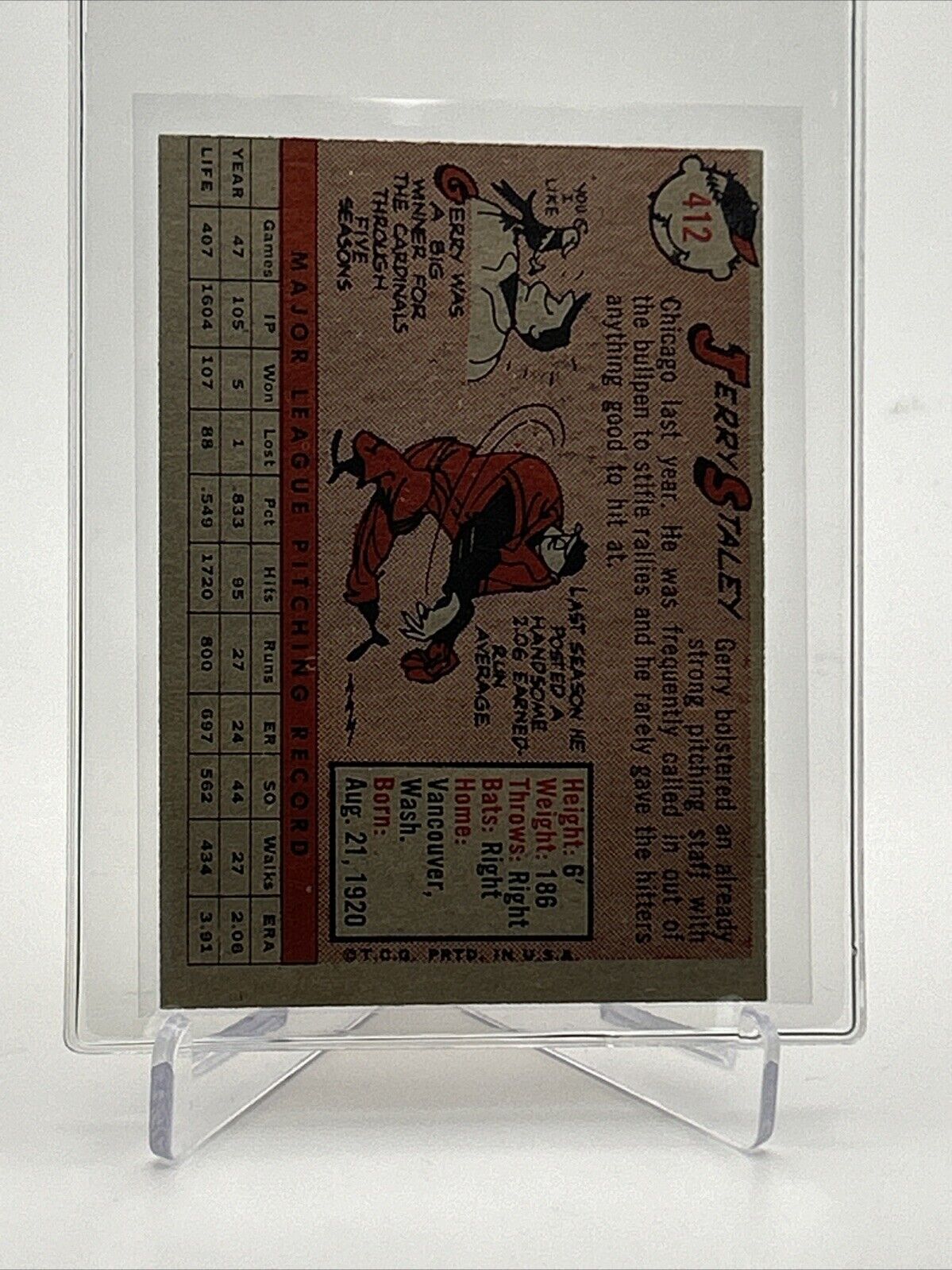 1958 Topps Jerry Staley Baseball Card #412 EX Quality FREE SHIPPING