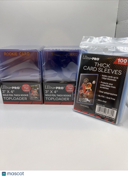 Ultra Pro 3X4 Gold Rookie 75pt Toploaders 2 Packs of 25 AND 100 THICK SLEEVES