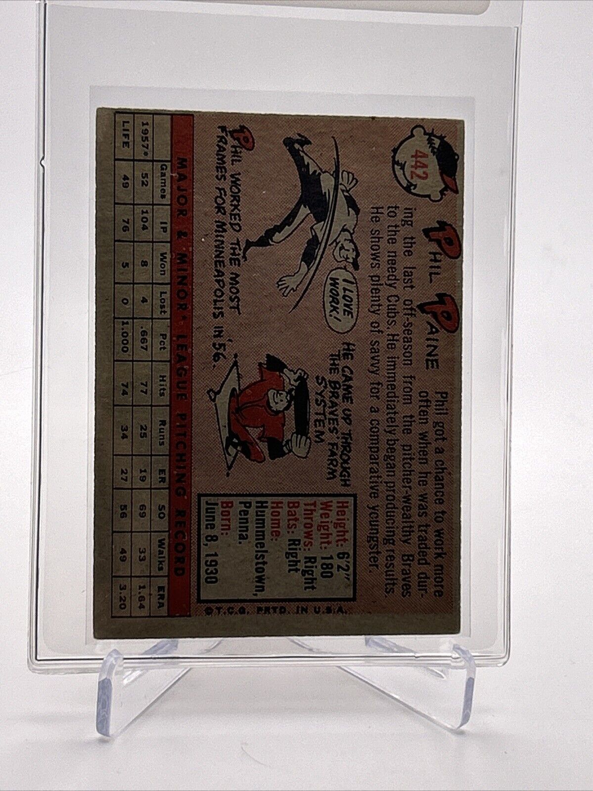 1958 Topps Phil Paine Rookie Baseball Card #442 VG Quality #2 FREE SHIPPING